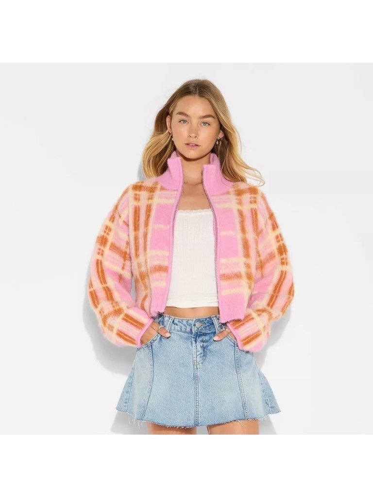 Cardigan Pink Fuzzy Sweater Wild Fable Women's Size Xxs Full Zip Front Mock Neck